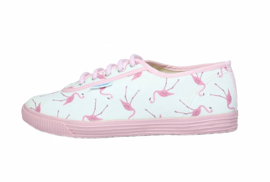 pink and white canvas sneaker with flamingo print